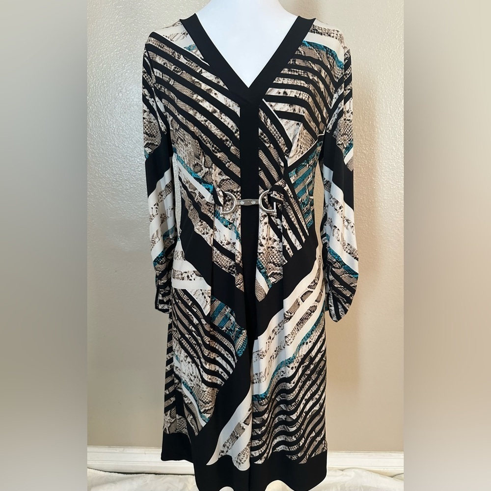 Alfani Black, Beige and Teal Long Sleeve Dress
